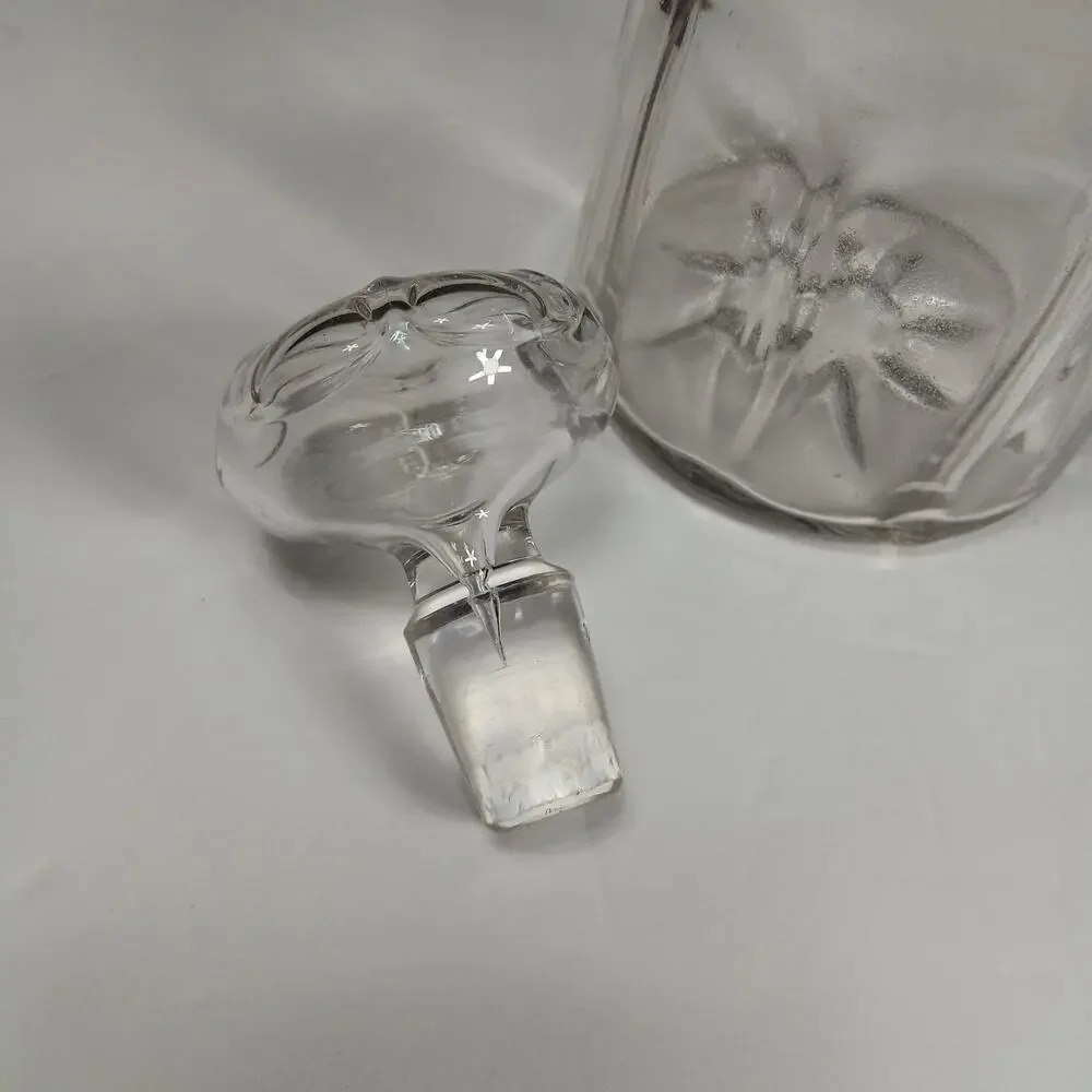Vintage Glass Decanter Gin English Silverplate Label Tag Mushroom Stopper